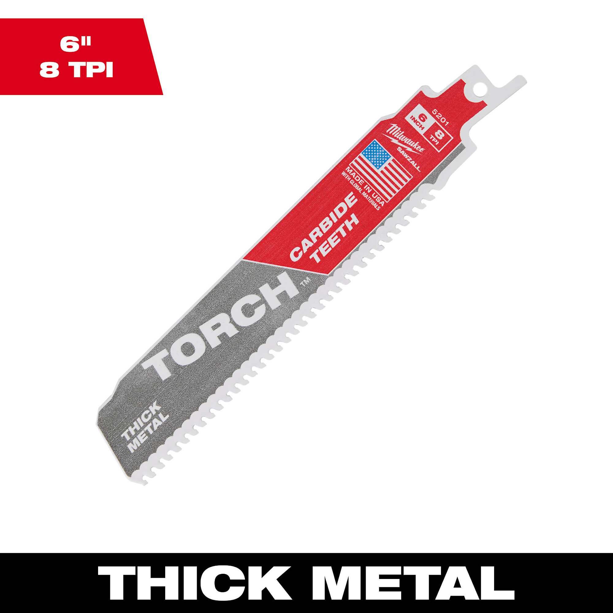Milwaukee Torch Reciprocating Saw Demolition Blade, 6in.L, 7 TPI, With Carbide Teeth, Model 48-00-5201